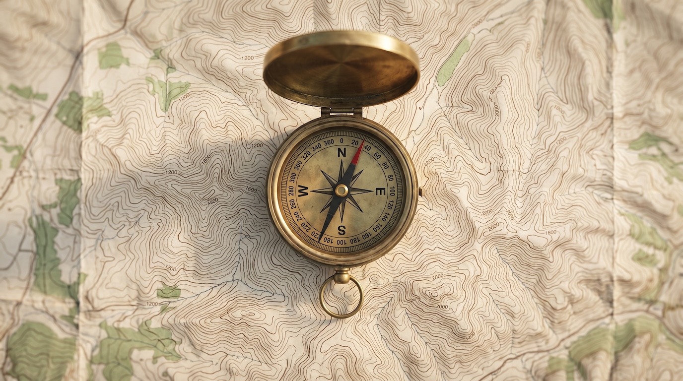 A compass on a topographical map.