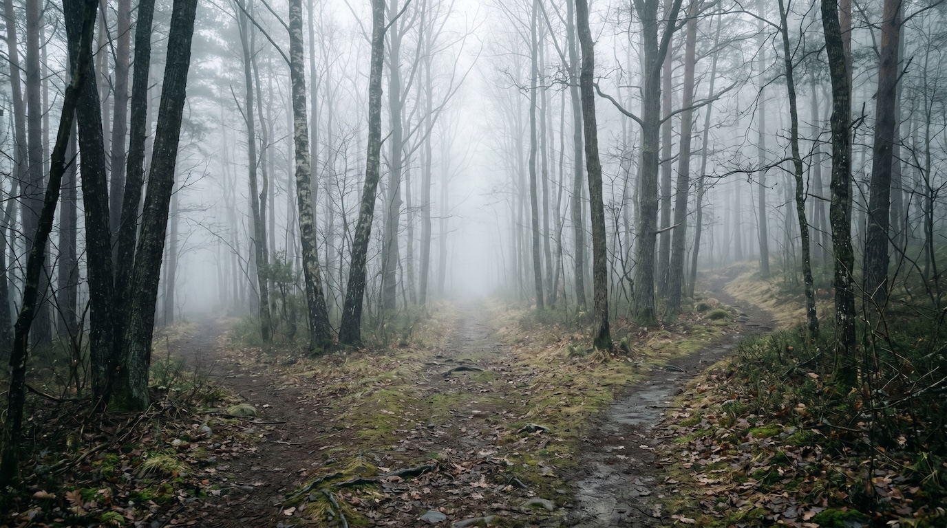 Waldwege verschwinden im Morgennebel — keine Orientierung.
