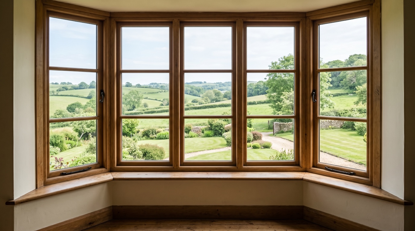 View through a window onto a quiet landscape.